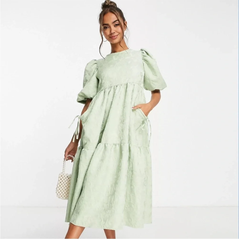 ASOS Light Green Puff Sleeve Midi Dress - Picture 1 of 2